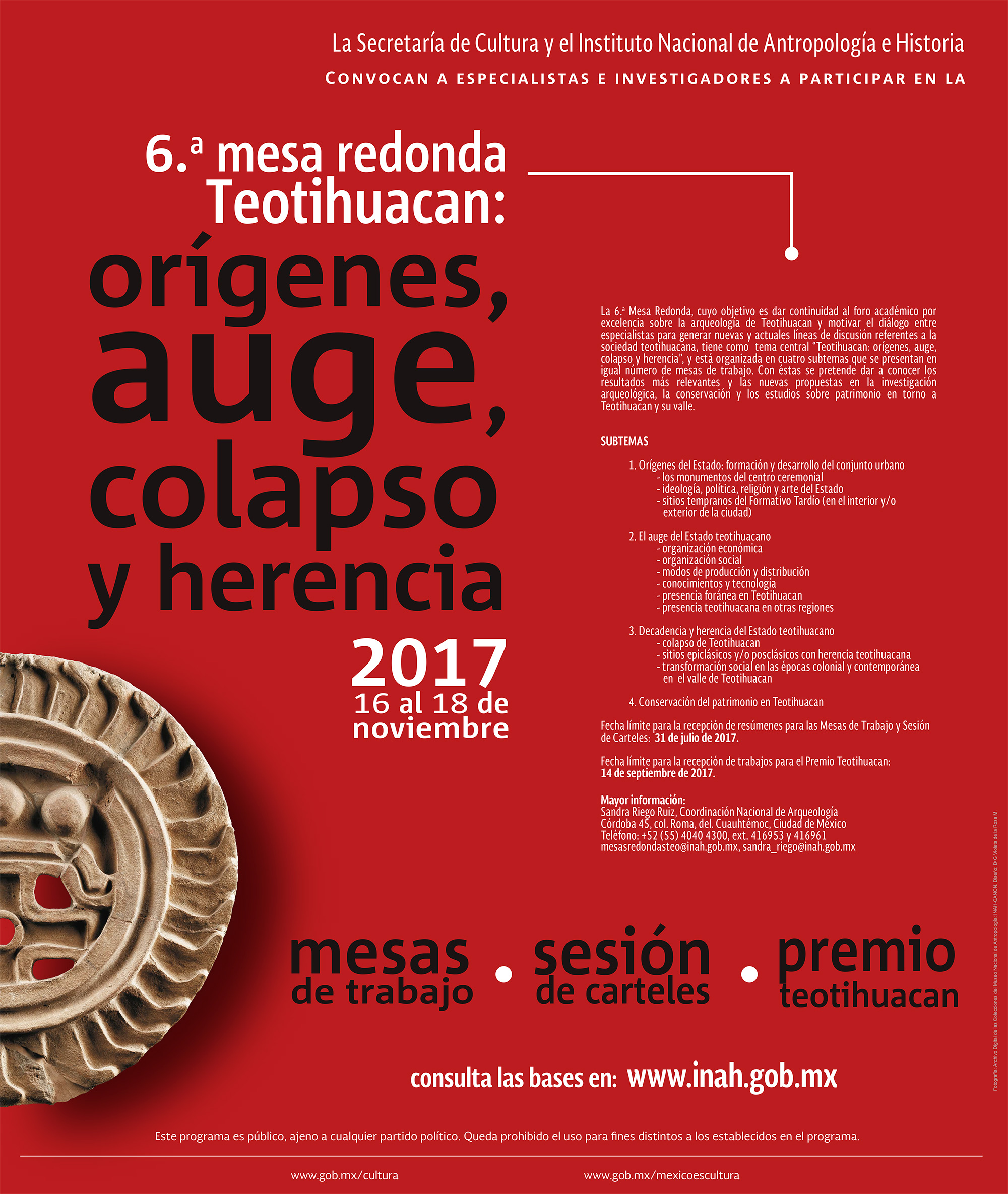 CONVOCATORIA: Orígenes, auge, colapso y herencia de Teotihuacan. 6ta. Mesa Redonda